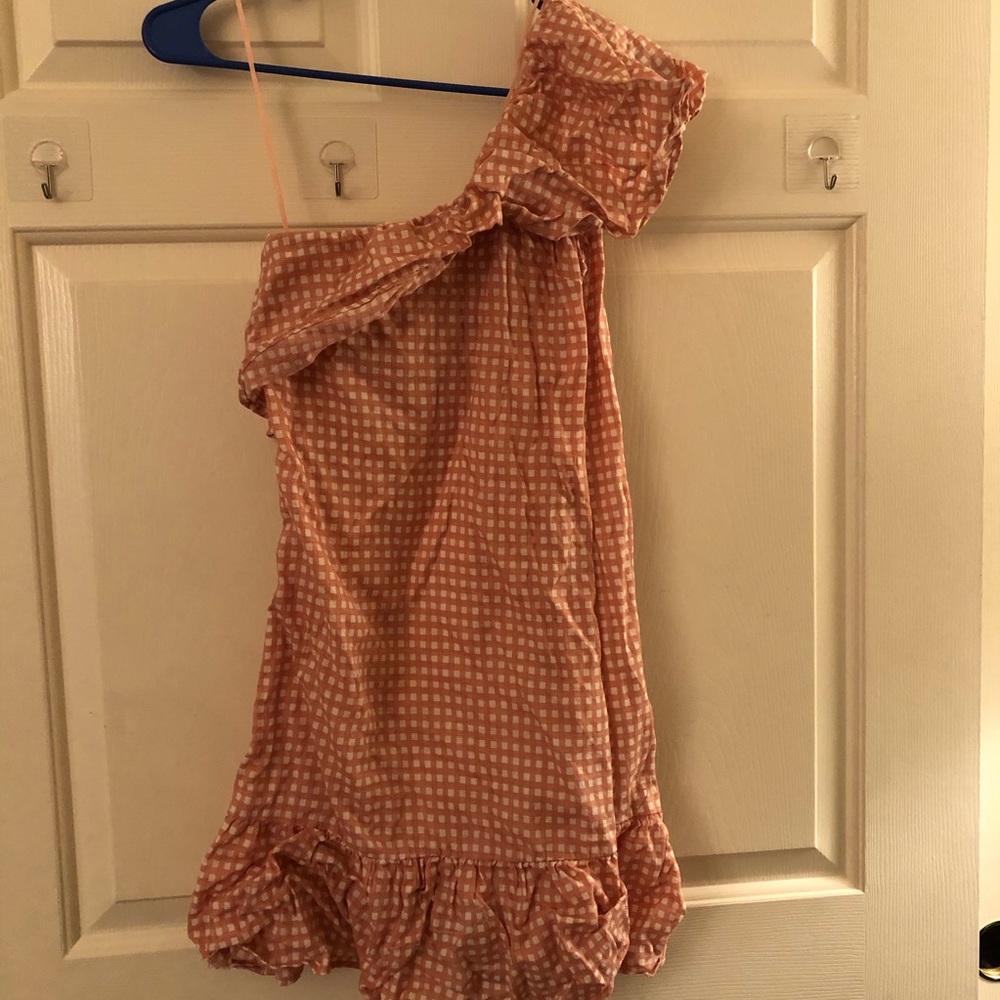 Pink Gingham One Shoulder Ruffled Cotton On Dress